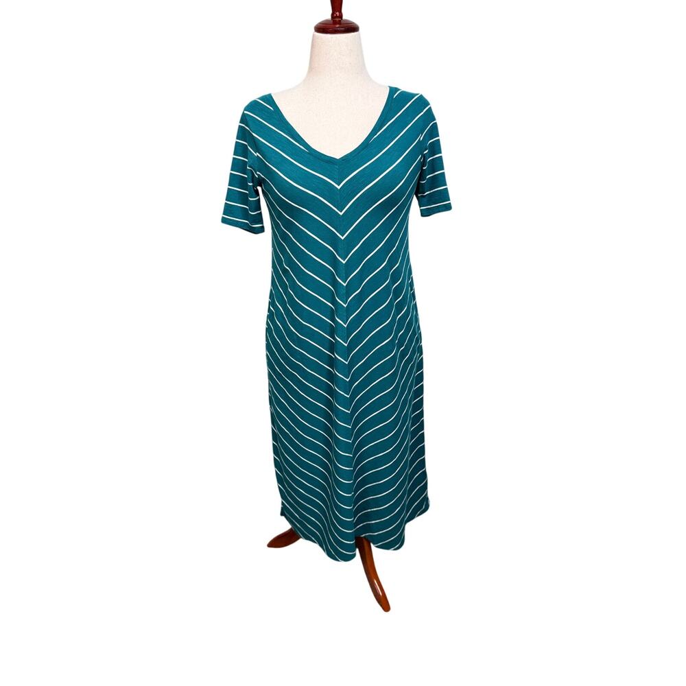 J. Jill dress shift dress short sleeve v-neck teal green stripes pockets. Sz XSP